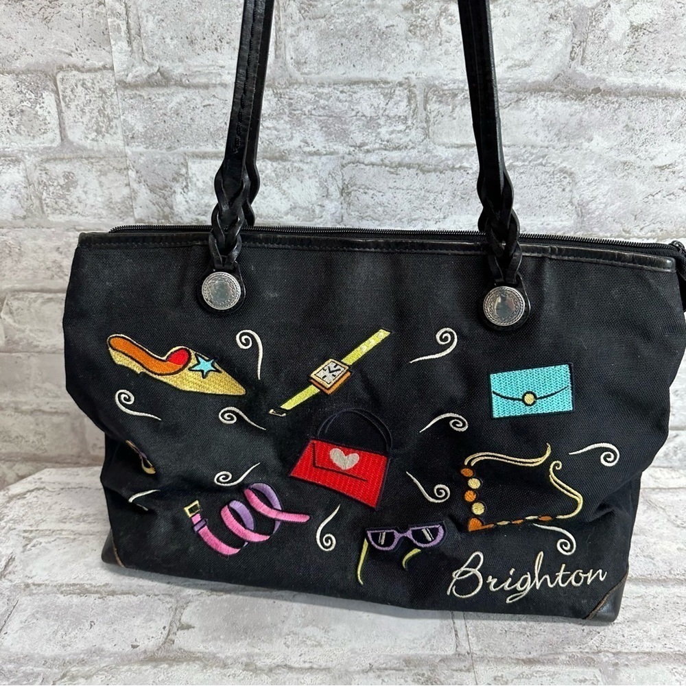 VINTAGE Brighton embroidered tote bag leather straps sunglasses heels jewelry